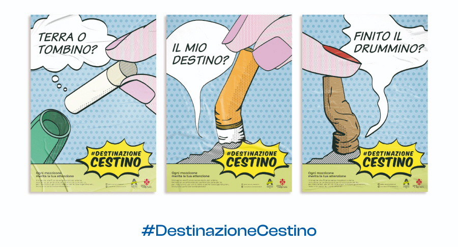 In the three 70x100 cm. proposals, we have included the ‘talking butt’ with the vignette so that
                    it conveys the message.
                    message. Presented with a skit where the cigarette, once reduced to a butt, questions its fate
                    by asking itself questions